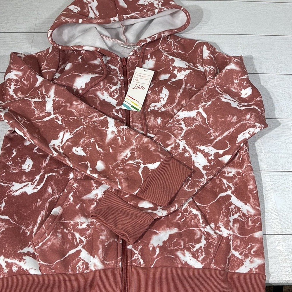 LIT 26 Zip Up Dusty Rose and White Marble Print Hoodie Size Large NWT